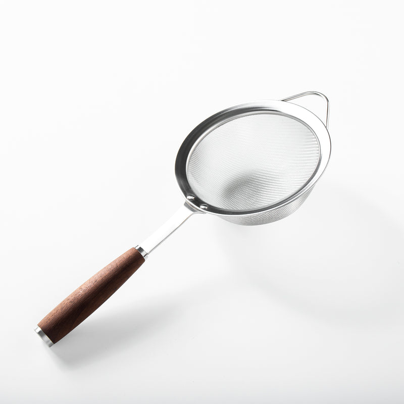 Sur La Table Kitchen Essentials Stainless Steel Strainer - Matte Lacquered Wanut Wood Handle - Tie Card