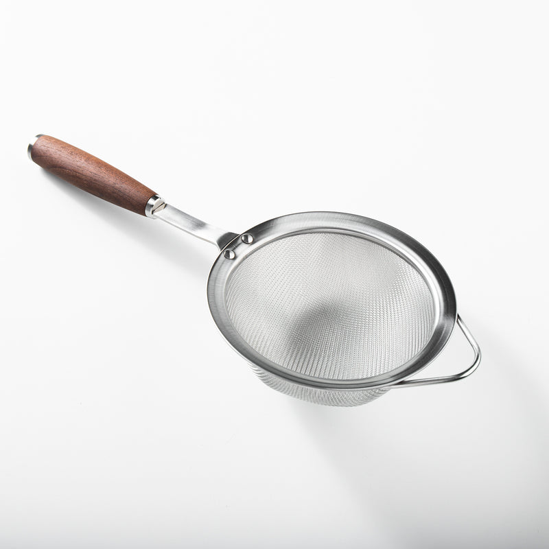 Sur La Table Kitchen Essentials Stainless Steel Strainer - Matte Lacquered Wanut Wood Handle - Tie Card