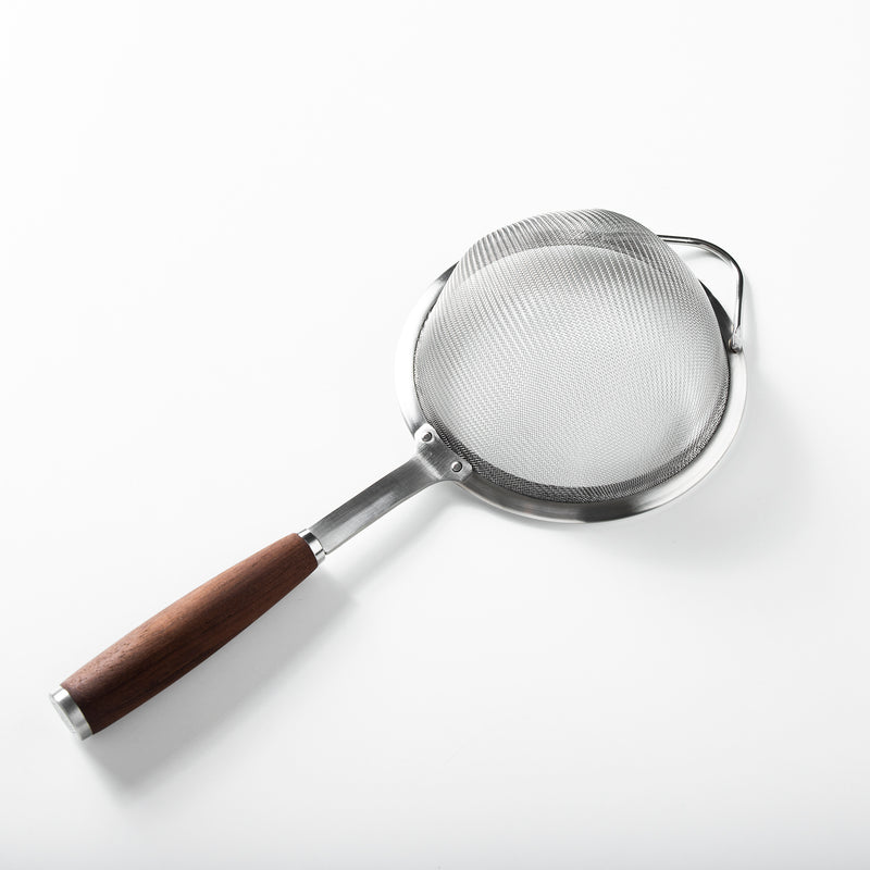 Sur La Table Kitchen Essentials Stainless Steel Strainer - Matte Lacquered Wanut Wood Handle - Tie Card
