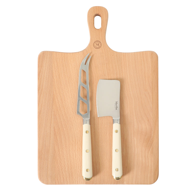 Martha Stewart Blairwood 3 pc Cheese Knife Set w/ Beechwood Cutting Board - ABS Forged Handle w/ Brass Rivet & End Cap - SS/Wood - Clam Pack w/ RM