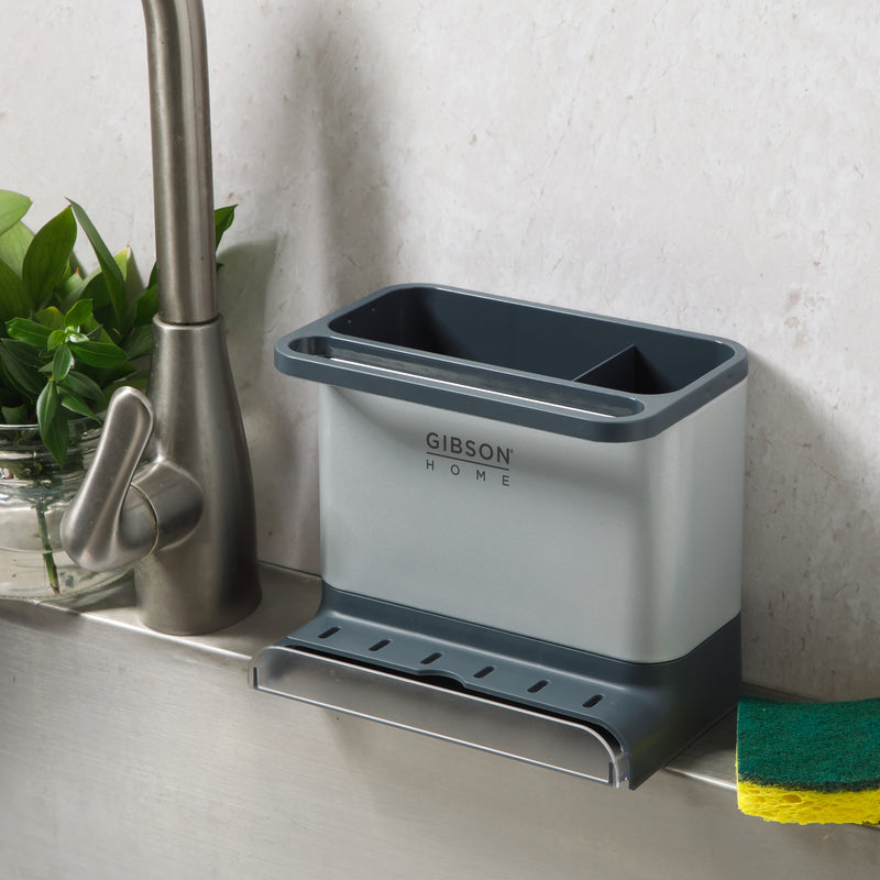 Gibson Home Ledgebrook - 7.2 IN L X 4.6 IN W X 6.1 IN H Sink Organizer - Grey - Galvanized Board w/ Powder Coat - Silk Logo Print - SS - Gift Boxw/ Remailer