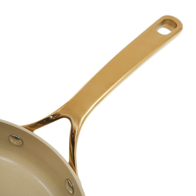 Bloomhouse 8pc Aluminum Cookware Set - Linen - Taupe Ceramic Interior - Nonstick - Gold PVD Stainless Steel Rim Glass Lid - Induction - Cast Stainless Steel Gold PVD Handle - Gift Box w/ Remailer