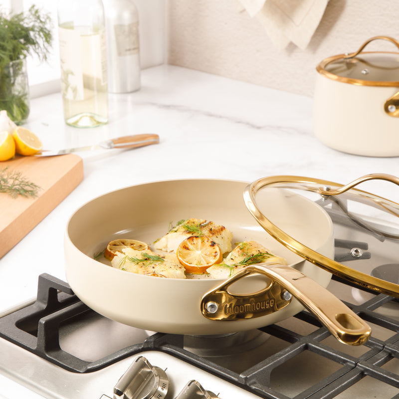Bloomhouse 10" Aluminum Frying Pan w/ lid - Linen - Taupe Ceramic Nonstick Interior - Induction - Cast Stainless Steel Gold PVD Handle - Gift Box w/ Remailer