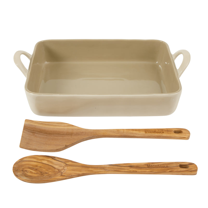 Bloomhouse 3pc 4.8qt Stoneware Baker With Tools - Linen/Taupe - Solid Color - Olive Wood - Gift Box w/ Remailer
