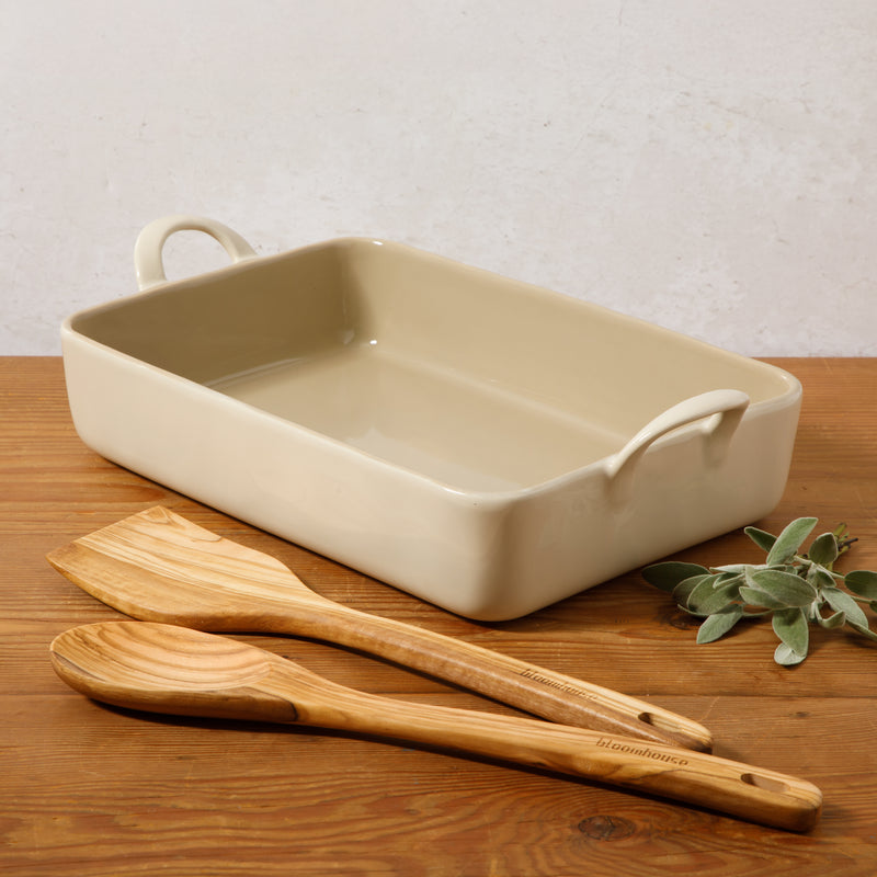 Bloomhouse 3pc 4.8qt Stoneware Baker With Tools - Linen/Taupe - Solid Color - Olive Wood - Gift Box w/ Remailer