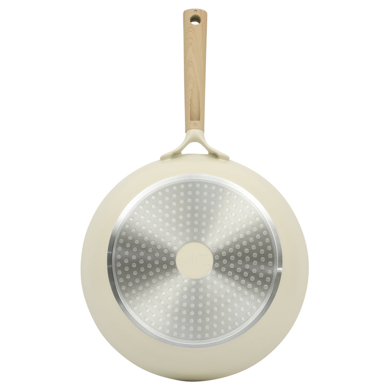 Gibson Elite Folkstone 12" Cast Aluminum Frying Pan - Linen - Nonstick Ceramic Interior - Induction Base - Wood Look Soft Touch Handle - Color Sleeve