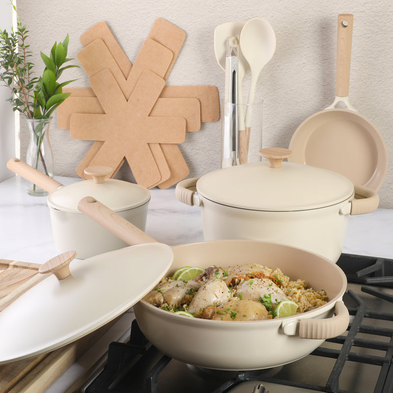 Gibson Elite Folkstone 13pc Cast Aluminum Set w/ Kitchen Tools - Linen - Nonstick Ceramic Interior - Induction Base - Wood Look Soft Touch Handle - Gift Box
