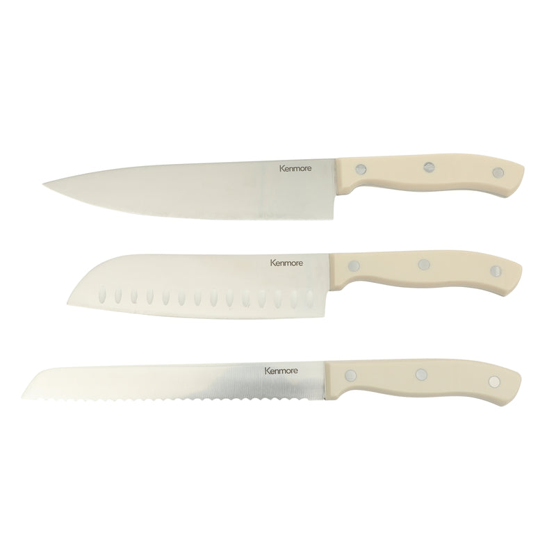 Kenmore Kane Glacier 14pc Stainless Steel Cutlery Set w/ Ashwood Block - ABS Handle - Gift Box w/ Remailer : Linen