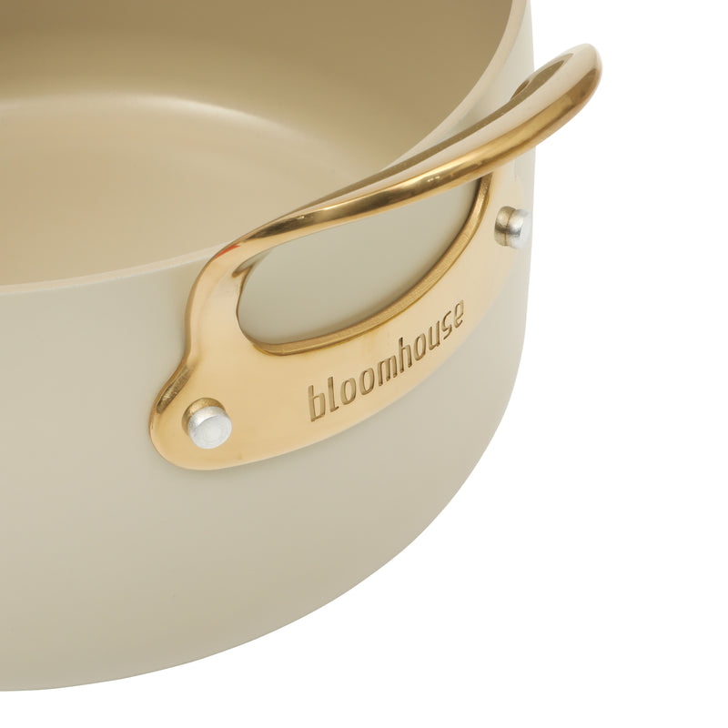 Bloomhouse 8pc Aluminum Cookware Set - Linen - Taupe Ceramic Interior - Nonstick - Gold PVD Stainless Steel Rim Glass Lid - Induction - Cast Stainless Steel Gold PVD Handle - Gift Box w/ Remailer
