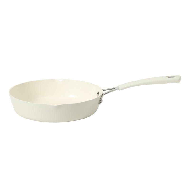 Martha Stewart 9.5" Heathland Aluminum Frying Pan - Linen - Taper Shape - Off White Ceramic Interior - Induction - Silicone Handle - Color Sleeve
