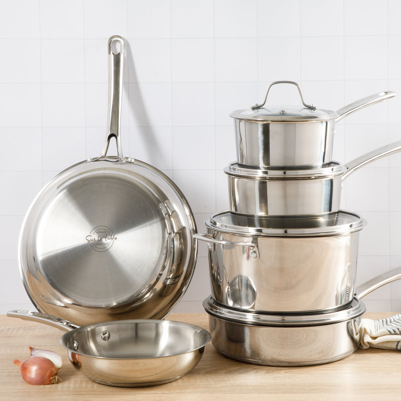 Sur la Table Kitchen Essentials Chef's Deck 10pc Stainless Steel Cookware Set - Polish Ext - Impact Bonded Base - SS Hollow Handle - GBX w/ Remailer