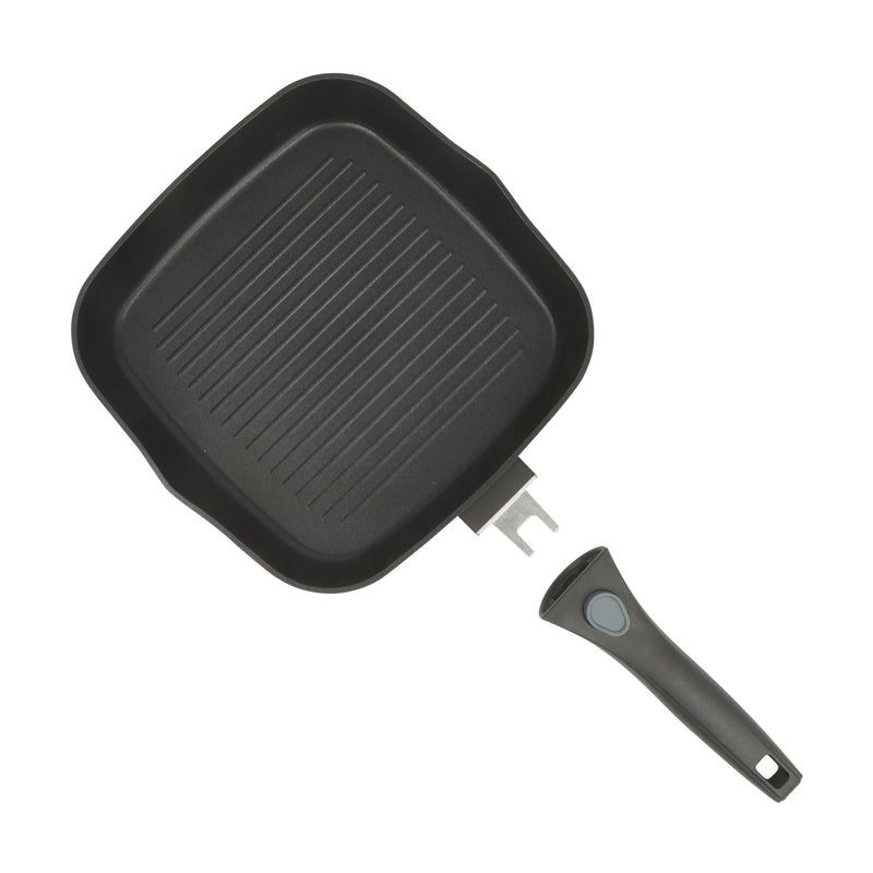 Oster Smarthandle Advance 3 pc Forged Aluminum 10" Round Pancake Pan & 9.5" Square Grill w/ Detachable Handle - Matte Black - Non-Stick Interior - Induction Base - Bakelite Handle - Gift Box (Open Window)