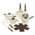 Oster Smarthandle Advance 18pc Forged Aluminum Cookware Combo Set - Matte Linen - Ceramic Non-Stick Interior - Induction Base - Detachable Wood Look Bakelite Handle - Gift Box