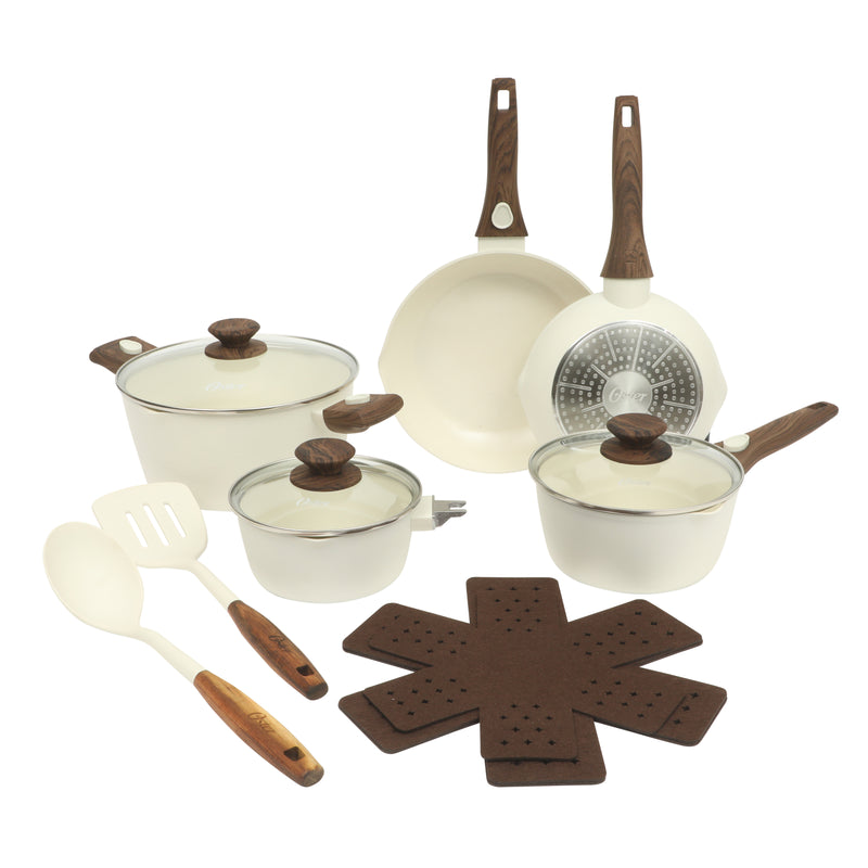 Oster Smarthandle Advance 18pc Forged Aluminum Cookware Combo Set - Matte Linen - Ceramic Non-Stick Interior - Induction Base - Detachable Wood Look Bakelite Handle - Gift Box
