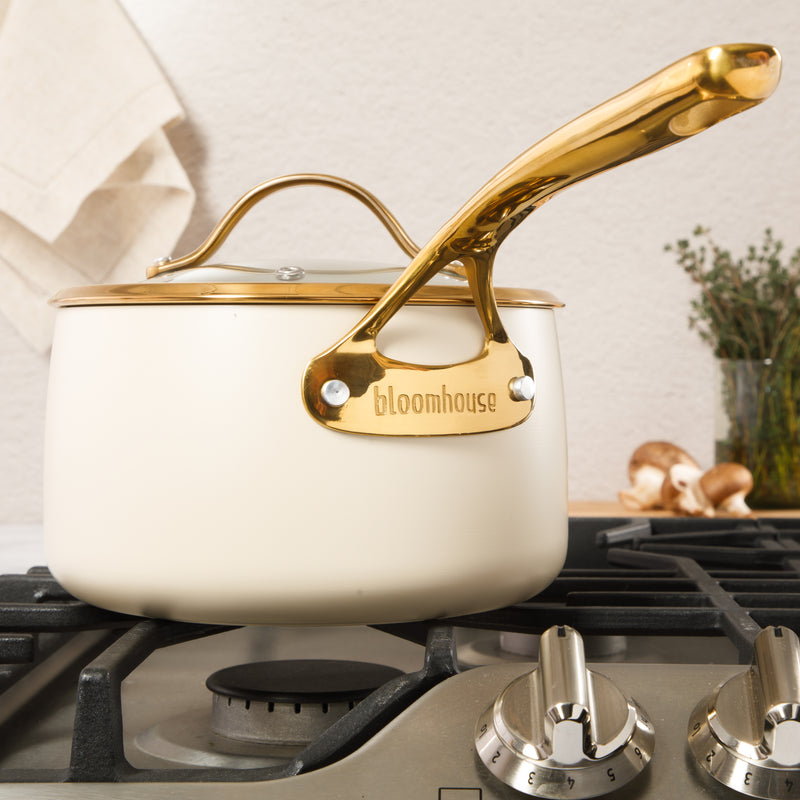 Bloomhouse 8pc Aluminum Cookware Set - Linen - Taupe Ceramic Interior - Nonstick - Gold PVD Stainless Steel Rim Glass Lid - Induction - Cast Stainless Steel Gold PVD Handle - Gift Box w/ Remailer