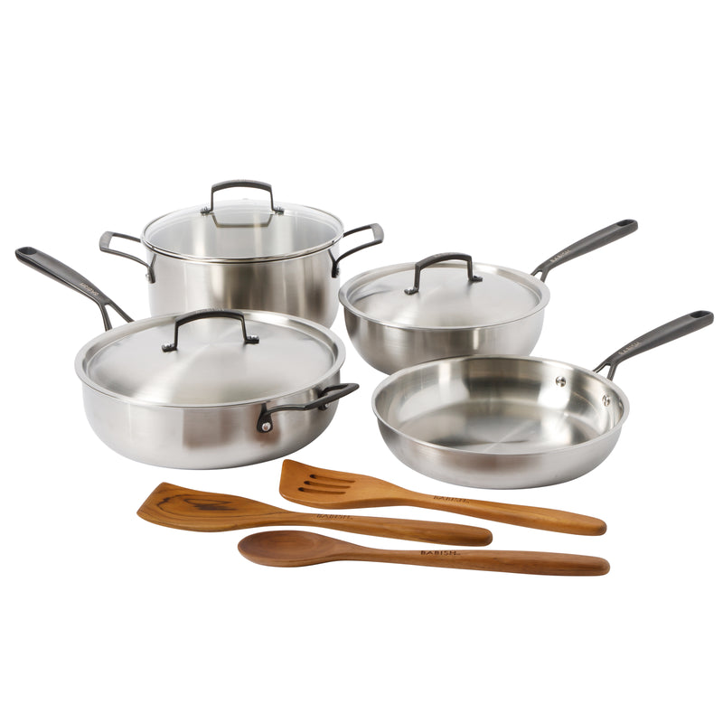 Babish 10 pc Tri-Ply Stainless Steel Cookware Set w/ Black PVD Handle & Kitchen Tools - Gift Box w/ Remailer