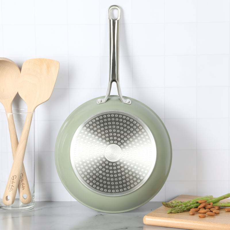 Sur La Table Kitchen Essentials Gourmet Cuisine 10" Forged Aluminum Frying Pan - Grey Ceramic Titanium Interior - Induction Base - Stainless Steel Hollow Handle - Color Sleeve
