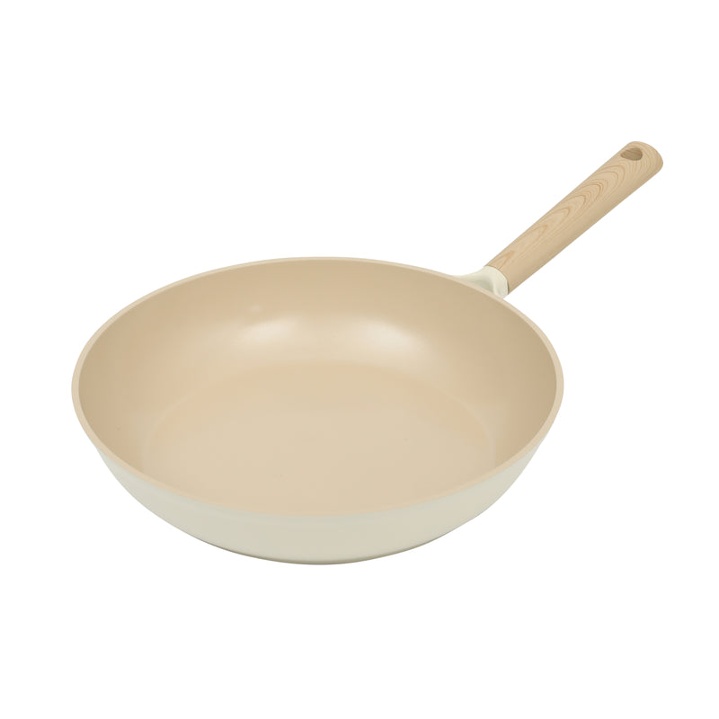 Gibson Elite Folkstone 10" Cast Aluminum Frying Pan - Linen- Nonstick Ceramic Interior - Induction Base - Wood Look Soft Touch Handle - Color Sleeve