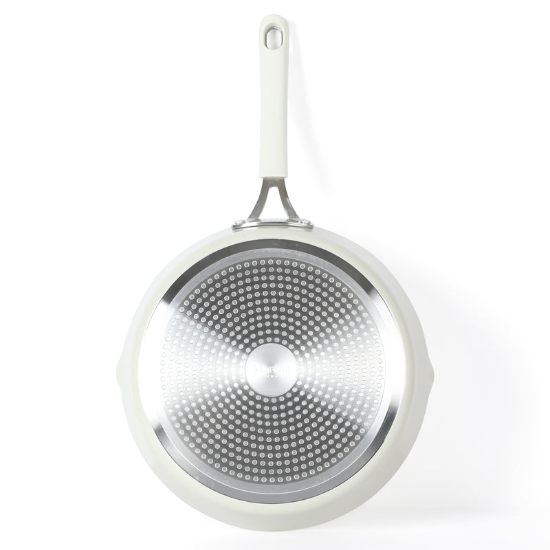 Martha Stewart 11" Heathland Aluminum Frying Pan - Linen - Taper Shape - Off White Ceramic Interior - Induction - Silicone Handle - Color Sleeve