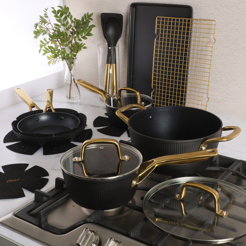 Oster Abbottsford 16pc Aluminum Cookware Combo Set - Matte Black Stripe - Nonstick - CD Bottom - Stainless Steel Handle - Gift Box