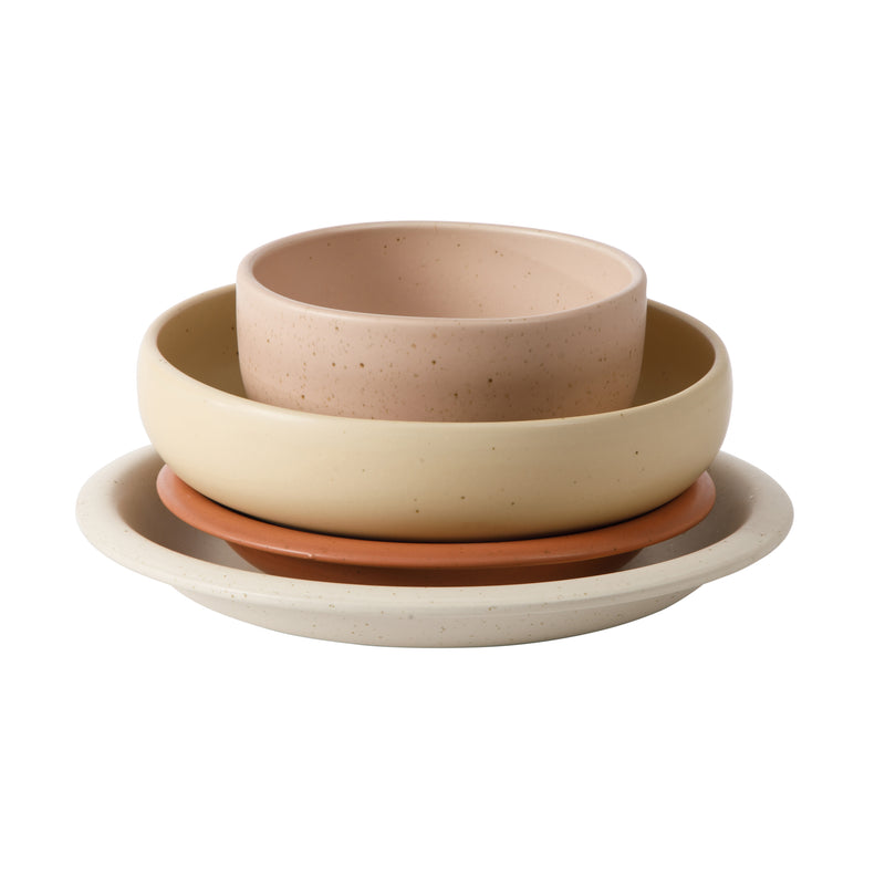 Bloomhouse Corsica Clay 16pc Double Bowl Dinnerware Set - 4 Assorted Colors - Reactive Glaze - Stoneware - Gift Box w/ /Remailer