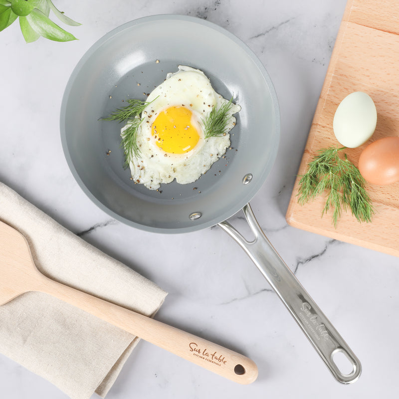 Sur La Table Kitchen Essentials Gourmet Cuisine 8" Forged Aluminum Frying Pan - Grey Ceramic Titanium Interior - Induction Base - Stainless Steel Hollow Handle - Color Sleeve