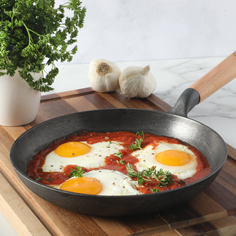 Oster Platinum Flintfield9.5" Preaseason Cast Iron Skillet - Circular Rough Polished Interior - No Rivets Wood Handle - Color Sleeve w/ Remailer