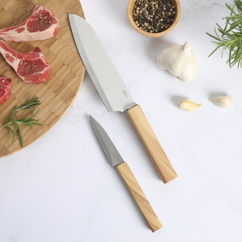 Oster Huntingfield 2pc Stainless Steel Cutlery Set - PP w/ Olive Wood Look - Clampack