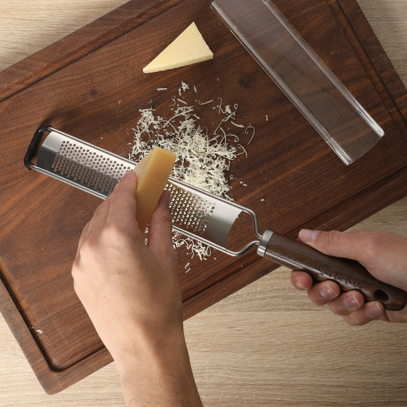 Sur La Table Kitchen Essentials Stainless Steel Long Grater - Etched Stainless Steel Blade - Black Walnut WoodHandle - Tie Card