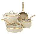 Bloomhouse 8pc Aluminum Cookware Set - Linen - Taupe Ceramic Interior - Nonstick - Gold PVD Stainless Steel Rim Glass Lid - Induction - Cast Stainless Steel Gold PVD Handle - Gift Box w/ Remailer