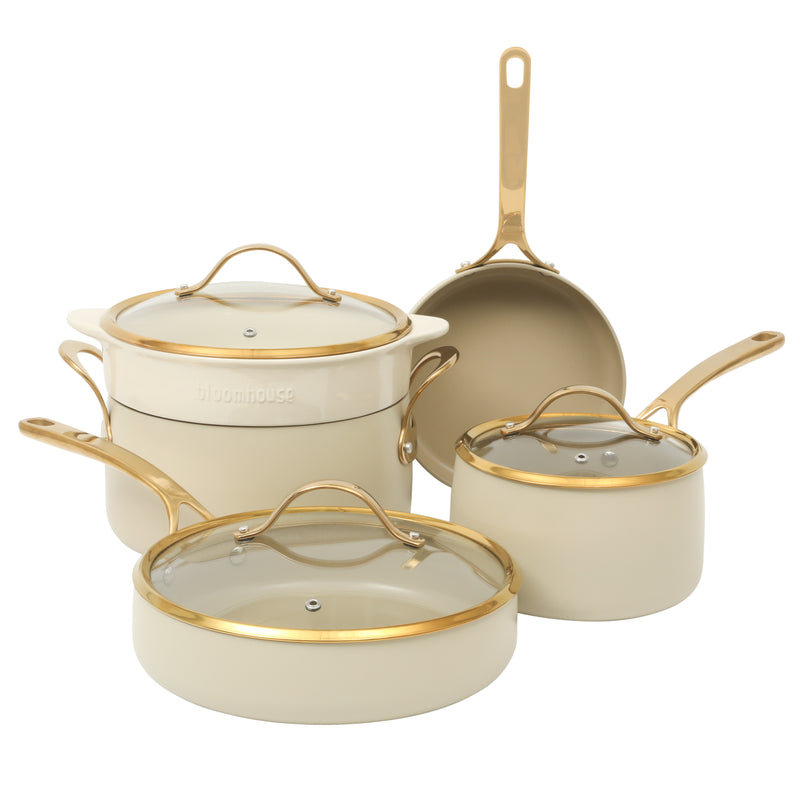 Bloomhouse 8pc Aluminum Cookware Set - Linen - Taupe Ceramic Interior - Nonstick - Gold PVD Stainless Steel Rim Glass Lid - Induction - Cast Stainless Steel Gold PVD Handle - Gift Box w/ Remailer