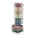 Gibson Home Brew Harmony 13 pc Solid Color Stoneware 2.2oz Cup & 4.2" Saucer Set w/ Metal Rack - Assorted Colors - Gift Box w/ Open Window