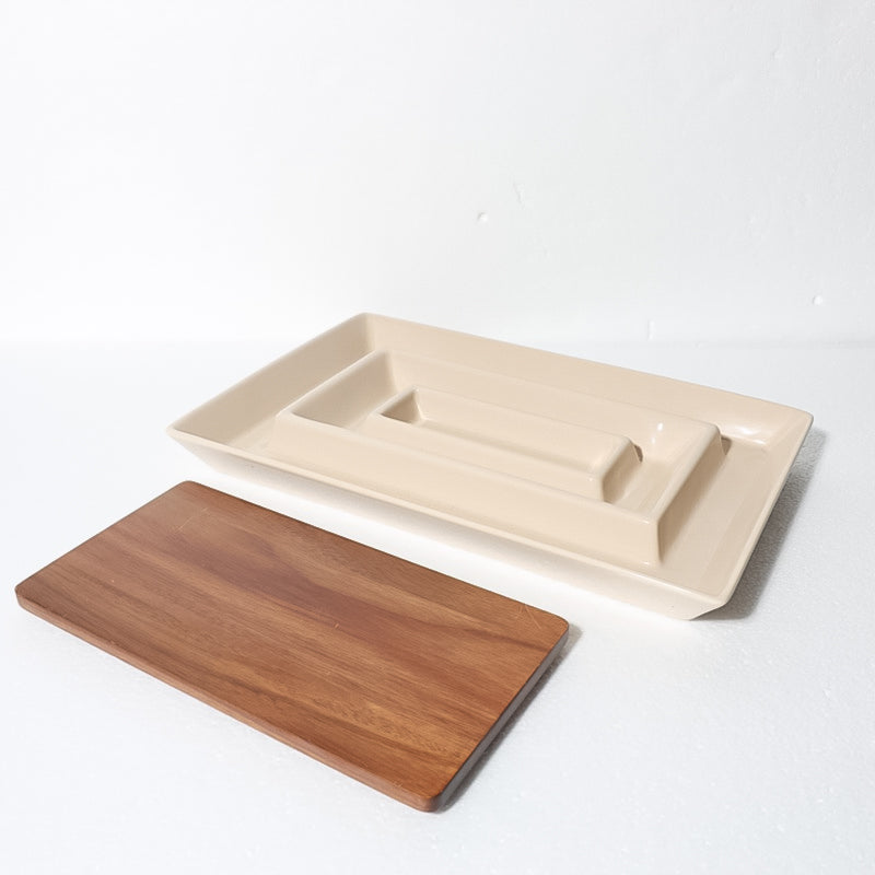 Gibson Elite Gracious Dining 14.2" x 9" x 2" Solid Color Stoneware 3-Section Serving Tray w/ Acacia Wood Lid - Color Sleeve