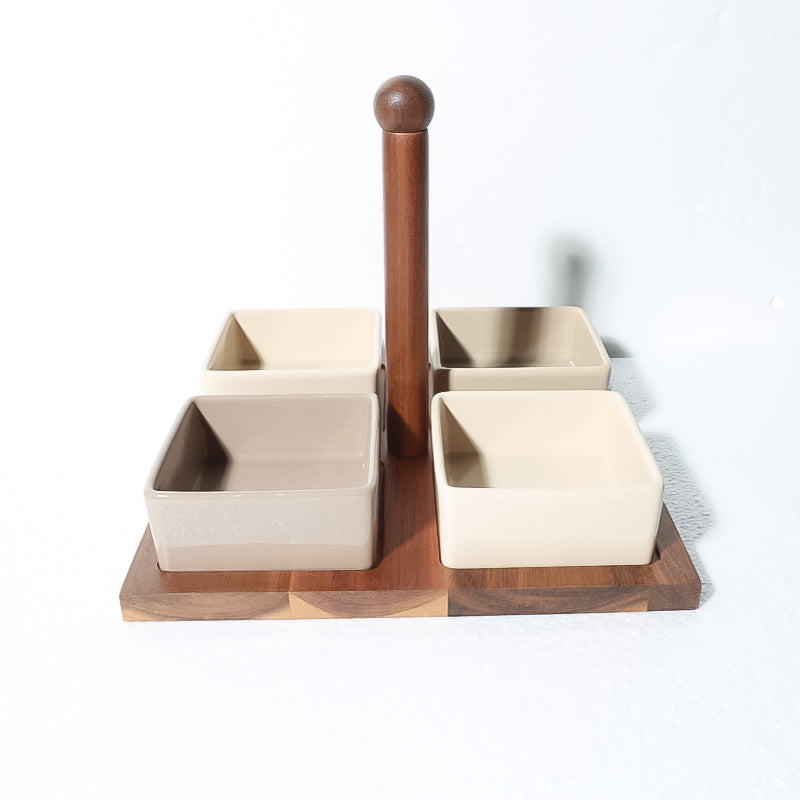 Gibson Elite Gracious Dining 4 pc 10oz Solid Color Stoneware Tidbit Dish w/ Acacia Wood Tray - Color Sleeve