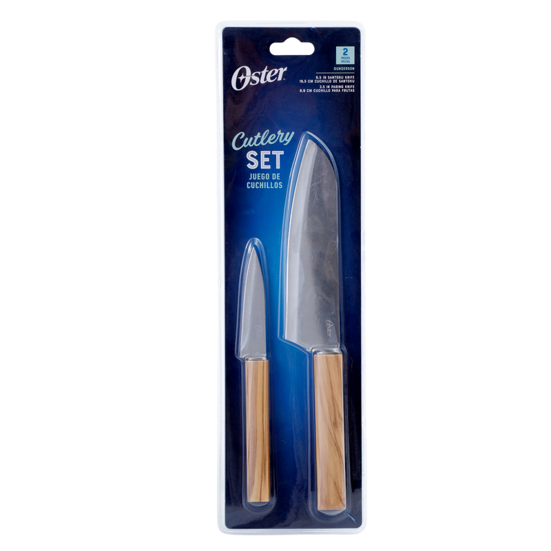 Oster Huntingfield 2pc Stainless Steel Cutlery Set - PP w/ Olive Wood Look - Clampack