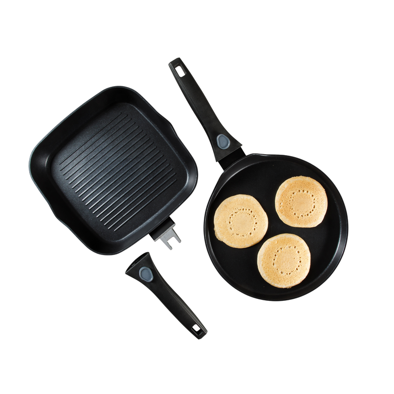 Oster Smarthandle Advance 3 pc Forged Aluminum 10" Round Pancake Pan & 9.5" Square Grill w/ Detachable Handle - Matte Black - Non-Stick Interior - Induction Base - Bakelite Handle - Gift Box (Open Window)