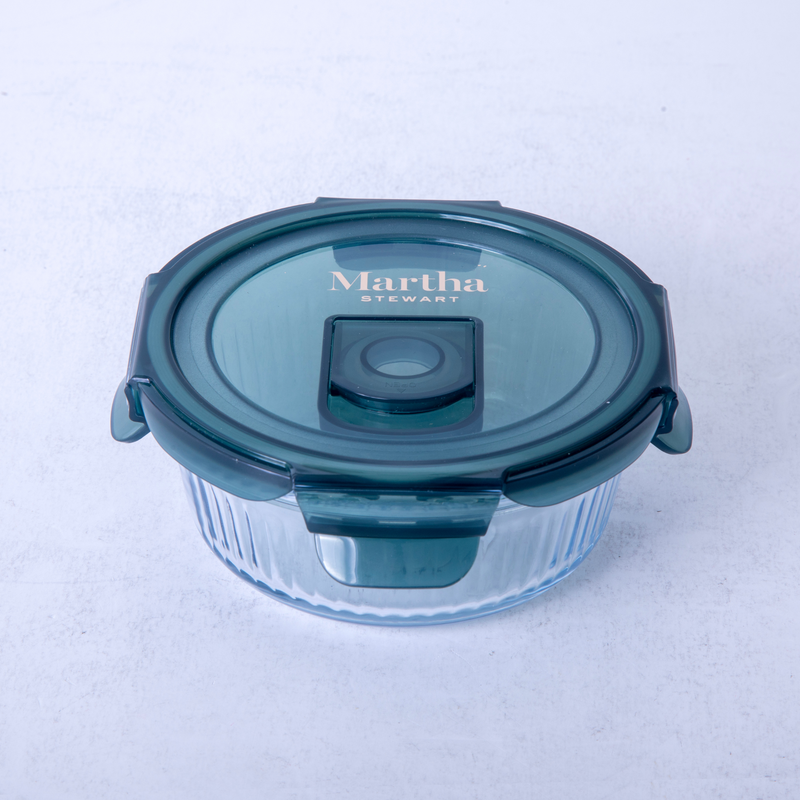 Martha Stewart Shadowbrook 13 oz Borosilicate Glass Storage Container w/ PP Lid - Green Lid - Round - Color Sleeve