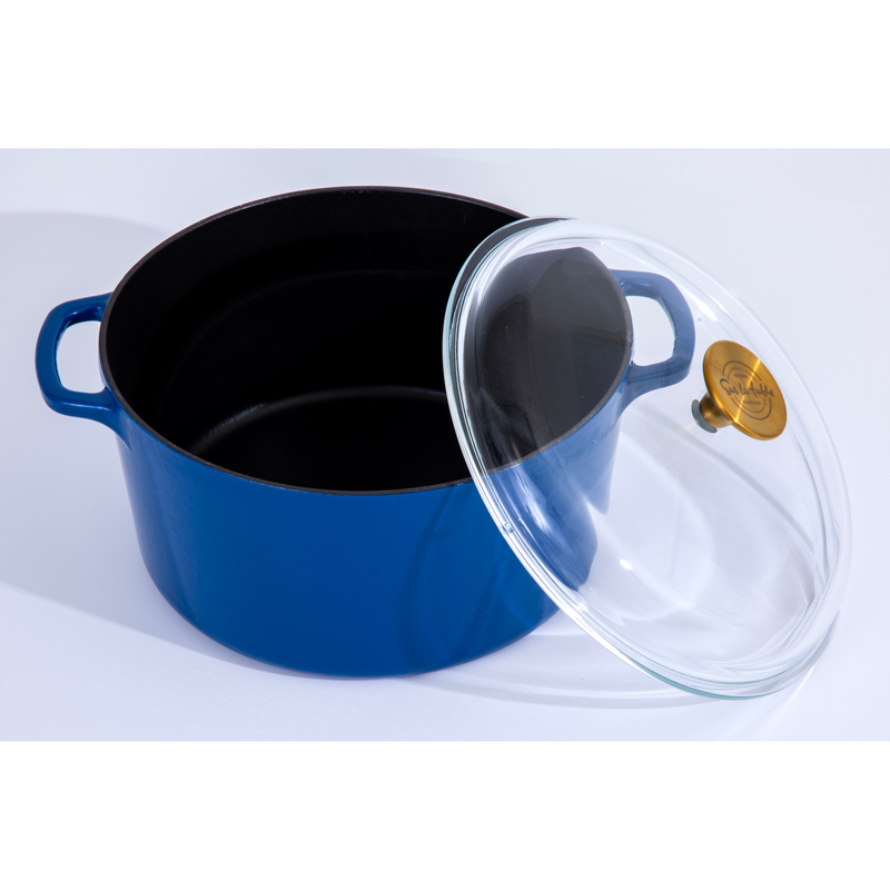 Sur La Table Kitchen Essentials Supper Club 5.5 qt Enamel Cast Iron Dutch Oven w/ Borosilicate Lid - Glossy Enamel In/Ext - Stainless Steel Knob -Enameled - Color Sleeve w/ RM