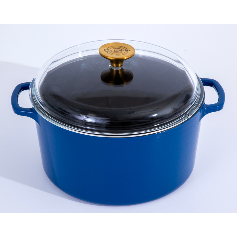Sur La Table Kitchen Essentials Supper Club 5.5 qt Enamel Cast Iron Dutch Oven w/ Borosilicate Lid - Glossy Enamel In/Ext - Stainless Steel Knob -Enameled - Color Sleeve w/ RM