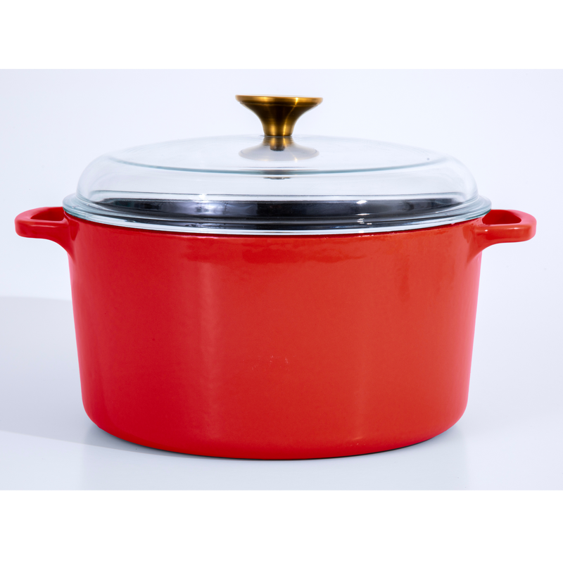 Sur La Table Kitchen Essentials Supper Club 5.5 qt Enamel Cast Iron Dutch Oven w/ Borosilicate Lid - Glossy Enamel In/Ext - Stainless Steel Knob -Enameled - Color Sleeve w/ RM