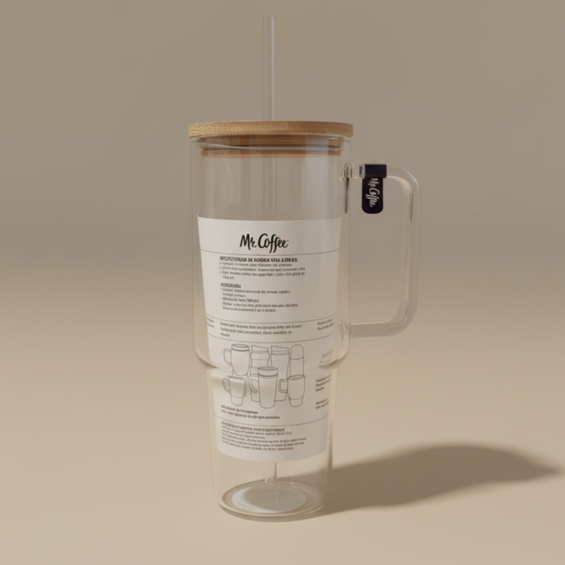Mr. Coffee Crafted Calm 34oz Borosilicate Glass Travel Mug w/ PP Straw & Bamboo Lid - Open Stock w/ UPC Label