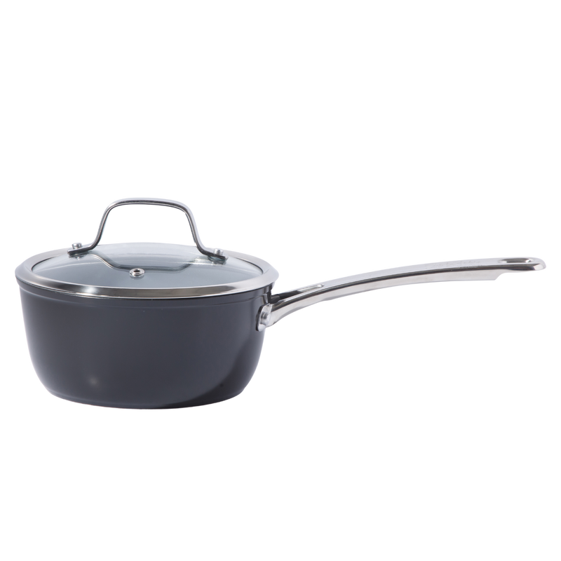 Sue La Table Kitchen Essentials Cool Commune 10pc Hard Anodized Aluminum Cookware Set - Grey Nonstick Ceramic Interior - Induction Base - Stainless Steel Hollow Handle - Gift Box w/ Remailer
