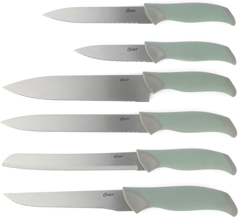 Oster Lindbergh 14pc Stainless Steel Cutlery Set w/ Color Stained Wood Block - TPR/PP Handle - Gift Box