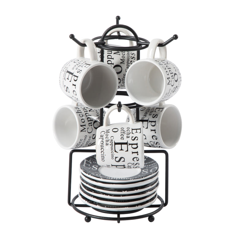 Gibson Home Espresso Expressions 12pc 2.7oz Espresso Cup & Saucer Set w/ Metal Caddy - White/Black - Gift Box