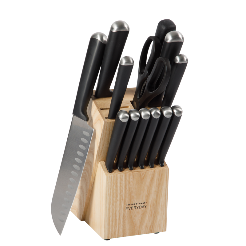 Martha Stewart Everyday Belleridge 14pc Cutlery Set w/ Ashwood Block - Stainless Steel - ABS Handle - GBX