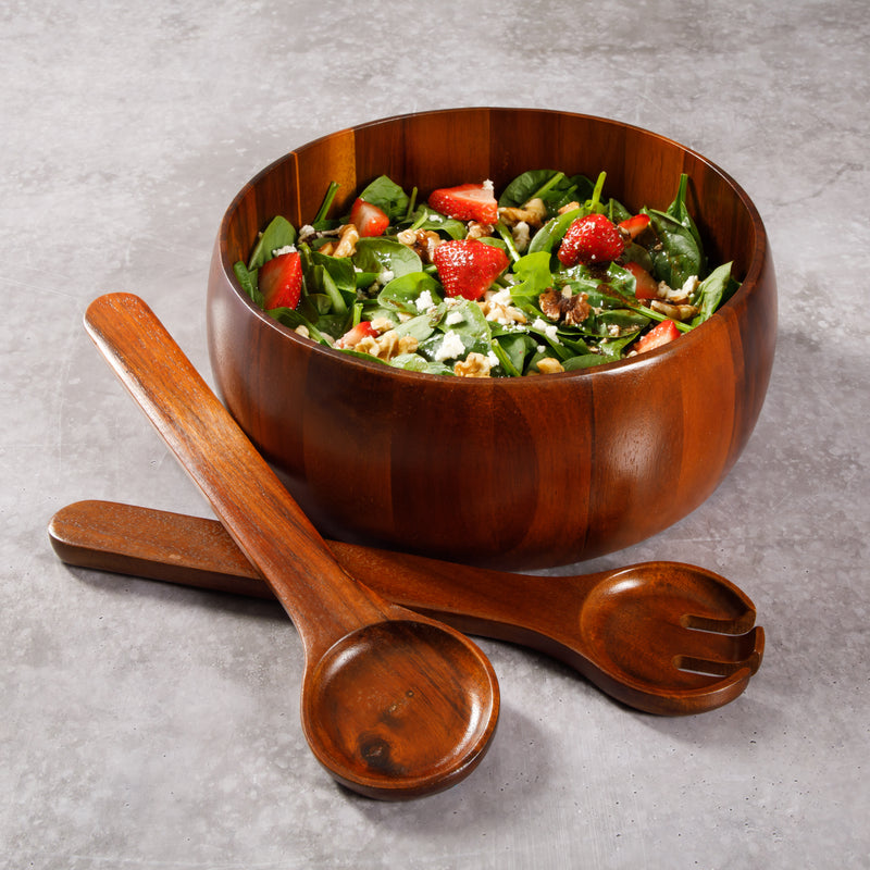 Gibson Elite Gracious Dining 3pc 10.25" x 4" Acacia Wood Salad Bowl Set with 2 Servers - Brown - Gift Box