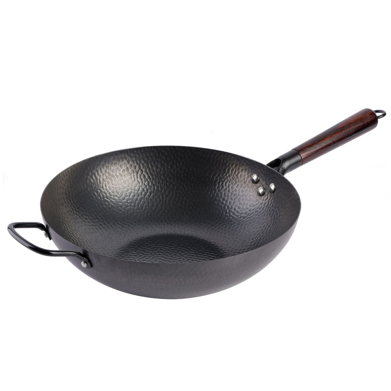 Gibson Home Stargaze Hammered 13" Rust Resistant Carbon Steel Wok - Black - Hammered Exterior - Wood/CS Handle - Color Sleeve