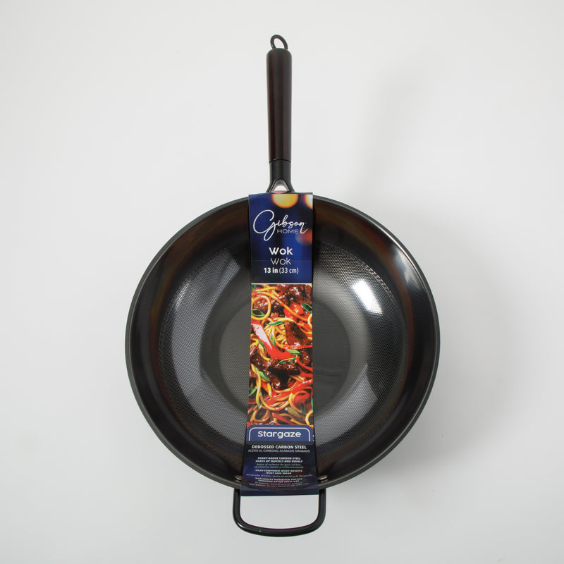 Gibson Home Stargaze Debossed 13" Rust Resistant Carbon Steel Wok - Black - Debossed Exterior - Wood/CS Handle - Color Sleeve