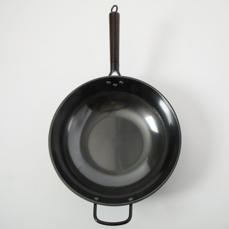 Gibson Home Stargaze Debossed 13" Rust Resistant Carbon Steel Wok - Black - Debossed Exterior - Wood/CS Handle - Color Sleeve
