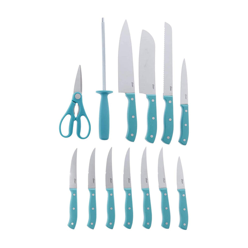 Oster Evansville 14pc Stainless Steel Cutlery Set w/ Rubberwood Block - Plastic Handle - Polished - Gift Box